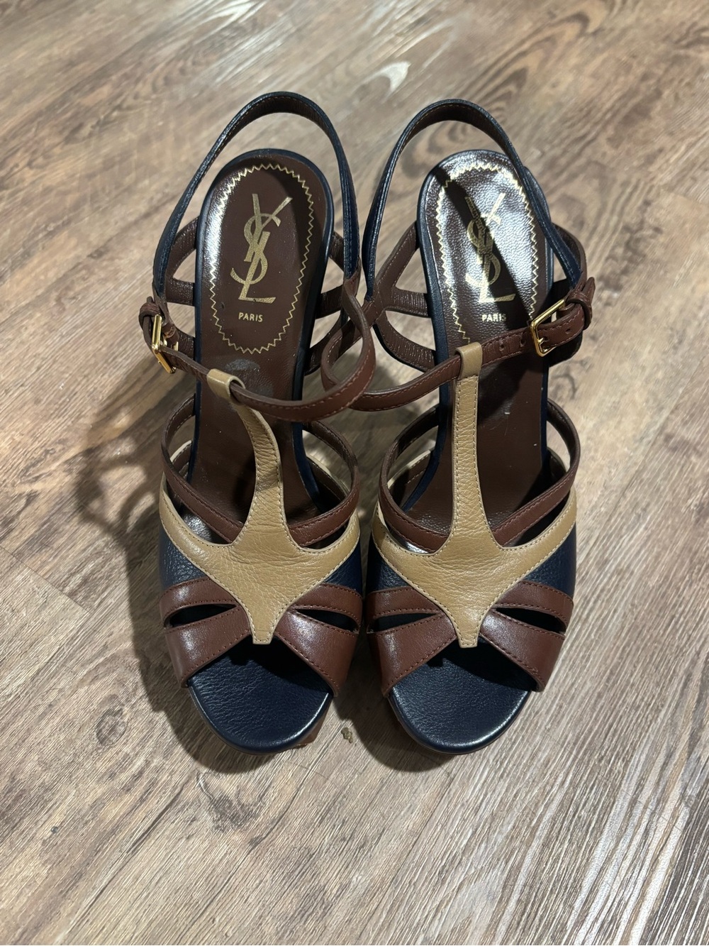Vintage Saint Laurent Tri-Tone Leather T-Strap Heels — Black, Brown & Cream